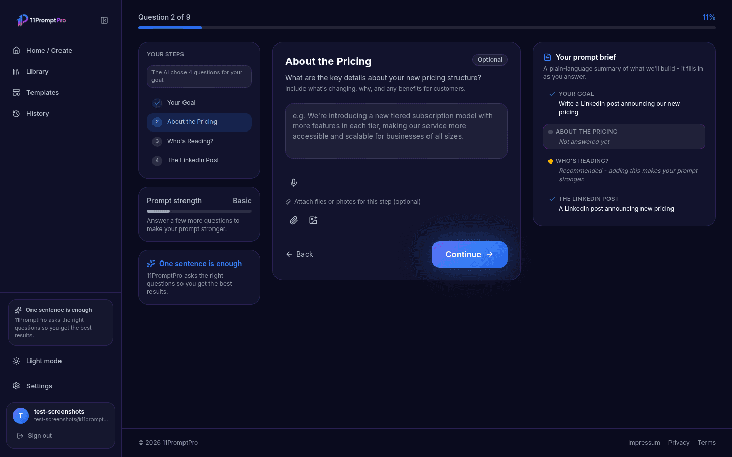 11PromptPro builder — adaptive question tailored to your goal