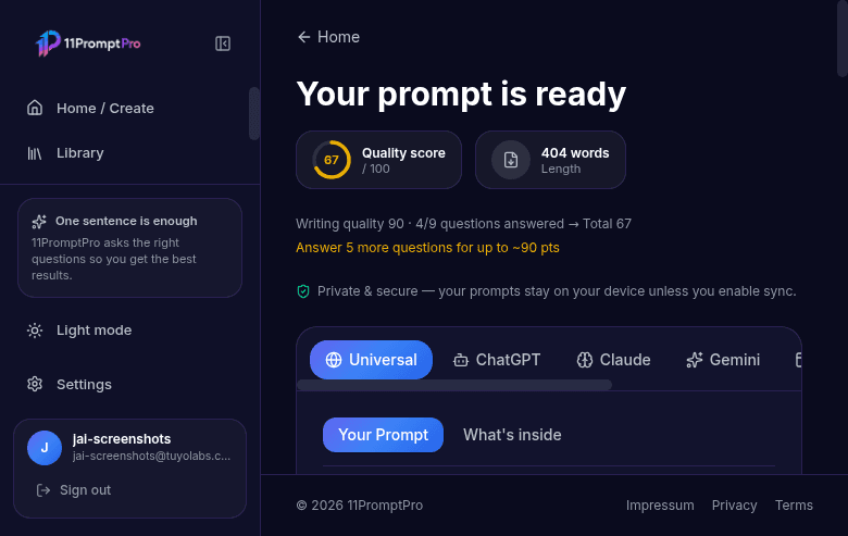11PromptPro result — finished prompt with quality score 87
