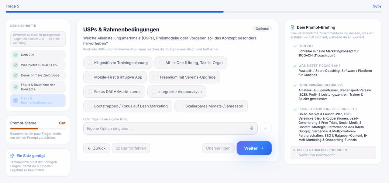11PromptPro Frage zu USPs und Rahmenbedingungen mit Antwortoptionen
