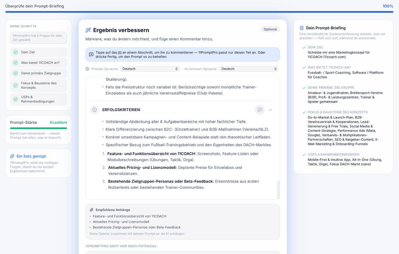 11PromptPro Ergebnis verbessern mit vollständigem Prompt-Briefing vor der Prompt-Erstellung